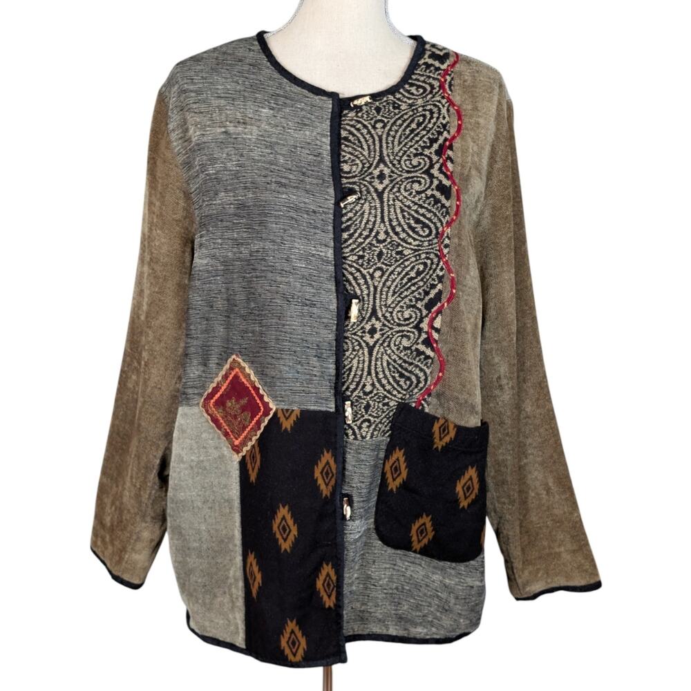 White Stag Patchwork Chenille Jacket L Boho Artsy Textured Button Front Coat